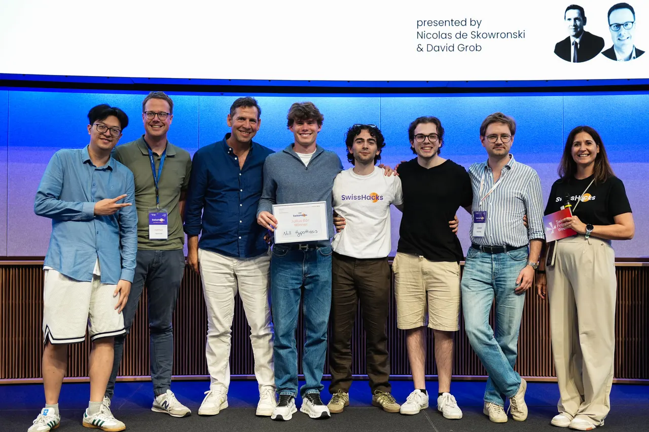 The Null Hypothesis team on stage at SwissHacks 2026.